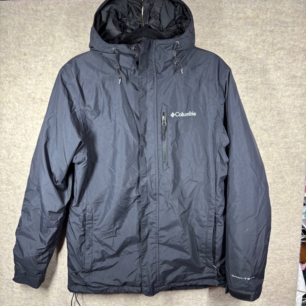 Columbia Omni-Tech Jacket Mens Small Black Hooded Omni-Heat Waterproof Rain Coat
